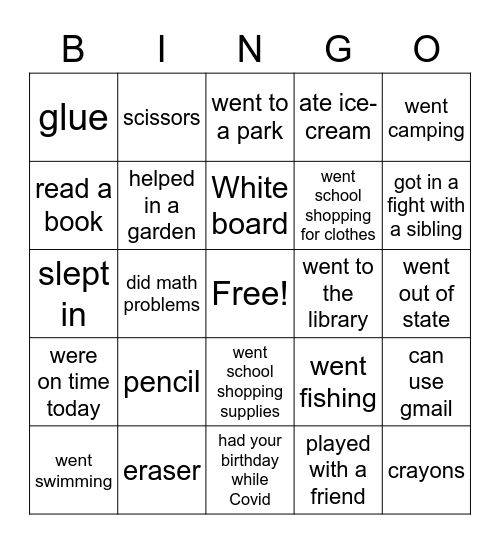 Back to School Bingo Card