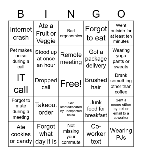 Working from Home Bingo Card