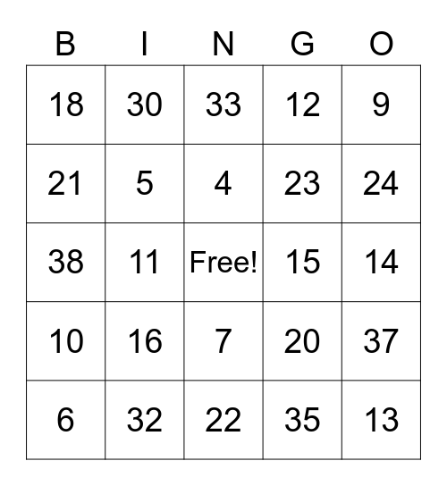 Numbers Bingo Card