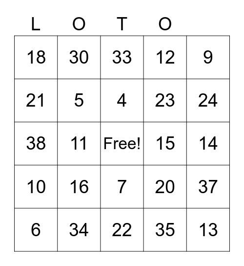 Numbers Bingo 1-39 Bingo Card