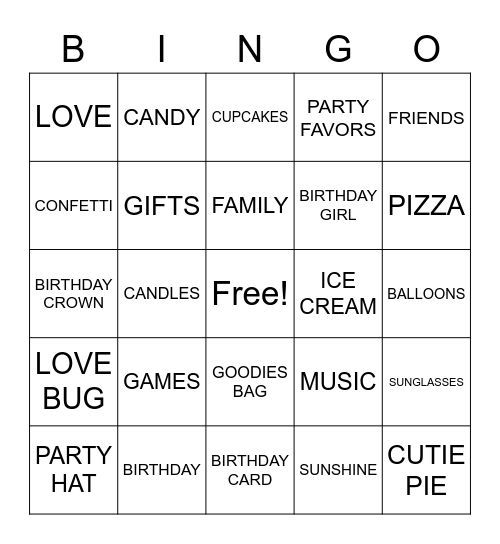 Neve's Birthday Bingo Card