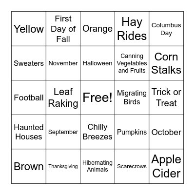 THINGS ASSOCIATED WITH AUTUMN Bingo Card