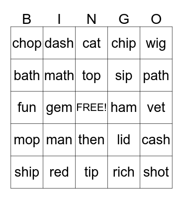 Short Vowels and Digraphs Bingo Card