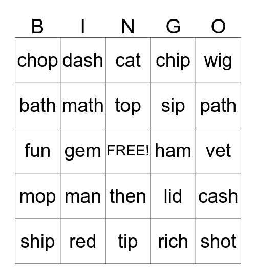Short Vowels and Digraphs Bingo Card