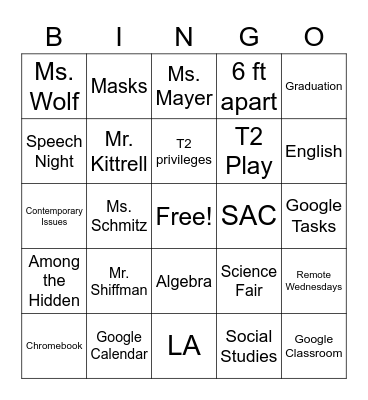 Welcome Back Bingo Card