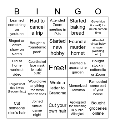 COL Quarantine Bingo Card