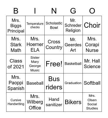 St. Matt's 8th Grade Bingo Card