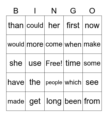 Sight Words Bingo Card