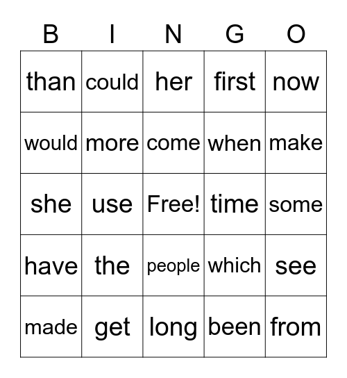 Sight Words Bingo Card