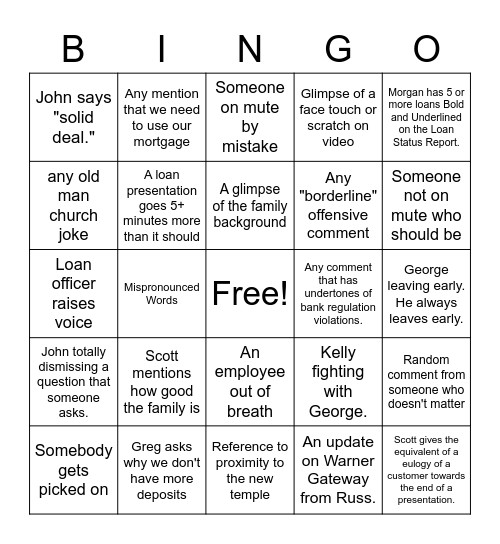 Loan Committee Bingo Card