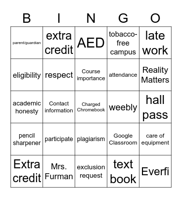 Health Syllabus BINGO Card