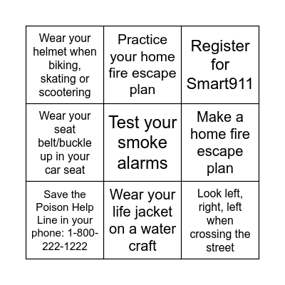 Safe Kids Missoula Safety Bingo Card