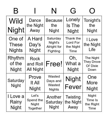 Night Life Bingo Card
