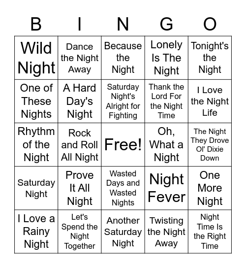 Night Life Bingo Card