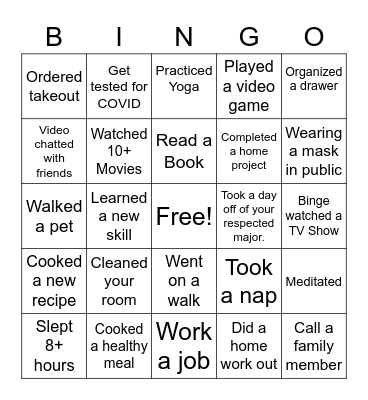 Social Distancing Bingo Card