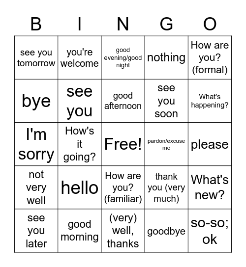 Saludos/Despedidas/cortesia Bingo Card