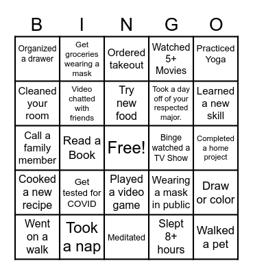Social Distancing Bingo Card