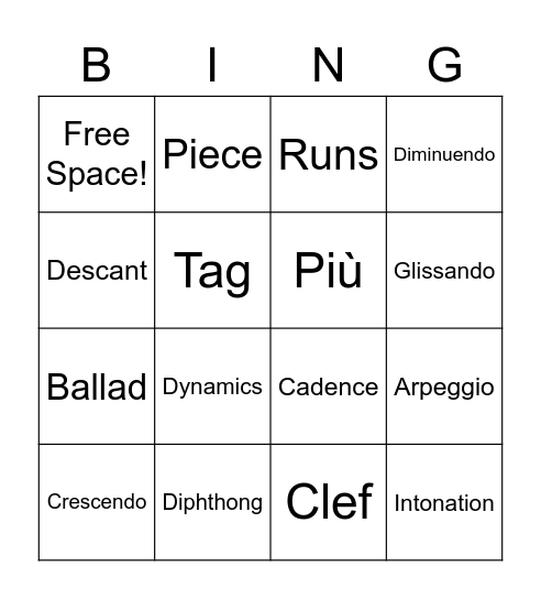 Music Vocabulary 3C Bingo Card