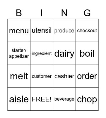 Food and Restaurant Bingo Card