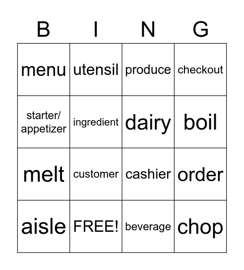 Food and Restaurant Bingo Card