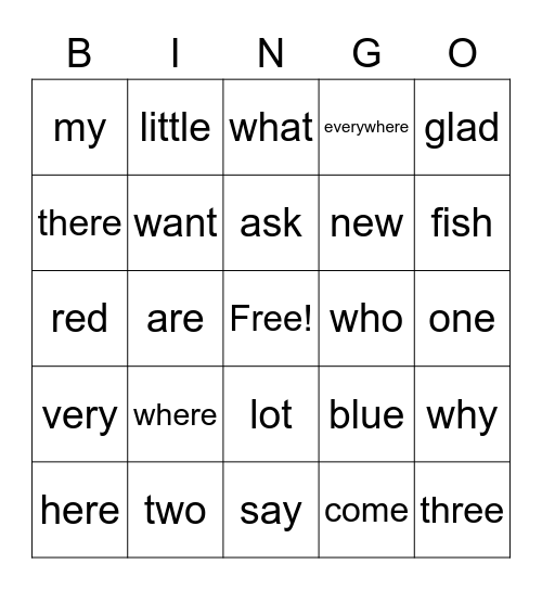 One Fish Two Fish Words Bingo Card