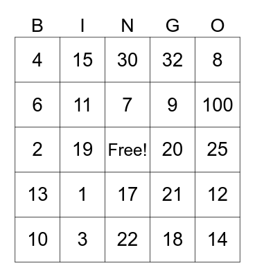 Number Bingo Card