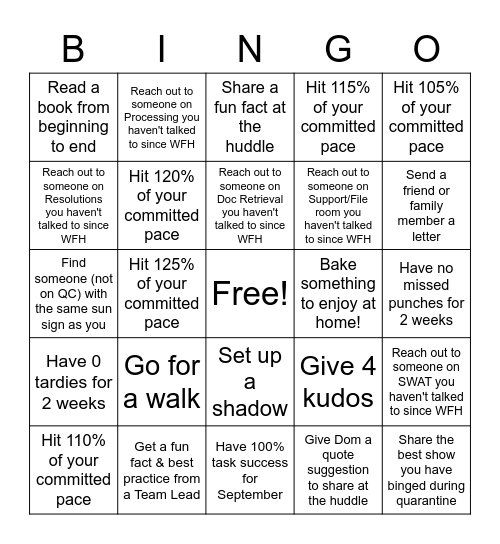 WFH September Bingo Card