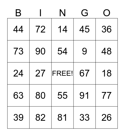 Multiplication 9 X table Bingo Card