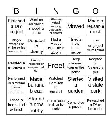 Pandemic Bingo Card