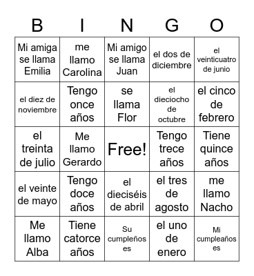 Spanish S1 SB 1B Bingo Card