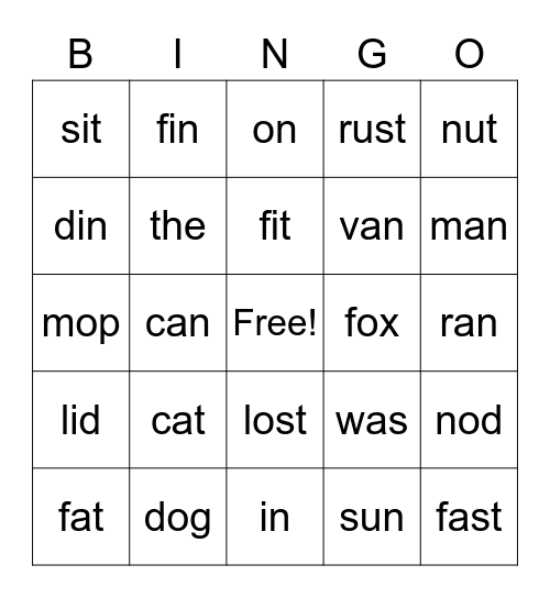 Word Practice Bingo Card