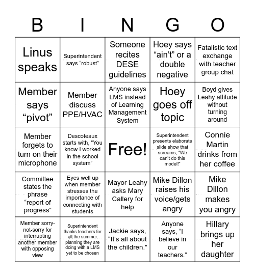 SCHOOL COMMITTEE MEETING Bingo Card