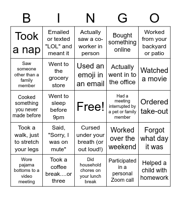 What did you do this week Bingo Card