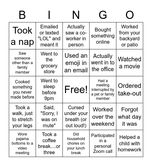 What did you do this week Bingo Card