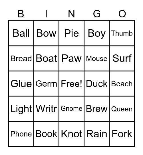 Sight Words Bingo Card