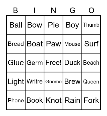 Sight Words Bingo Card