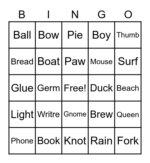 Sight Words Bingo Card