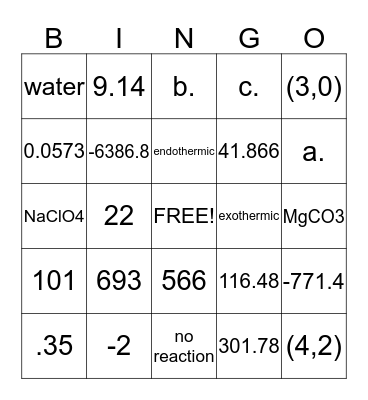 Chemistry 1300 Test 3 Review Bingo Card