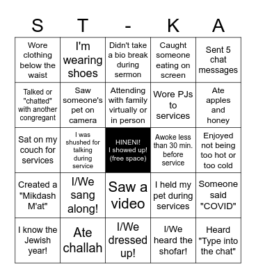 ST-KA High Holy Day Zoom BINGO! Bingo Card