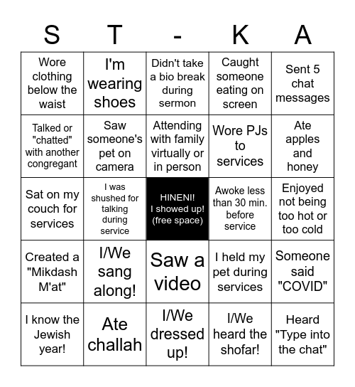 ST-KA High Holy Day Zoom BINGO! Bingo Card