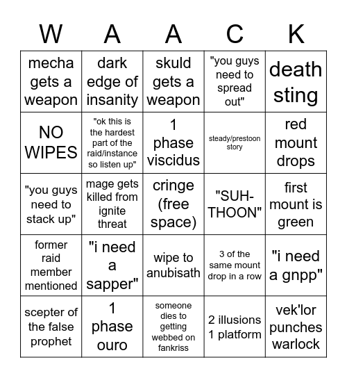 WACKJOB PARTY ROOM Bingo Card