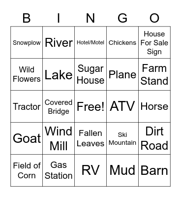 Vermont Road Trip Bingo Card