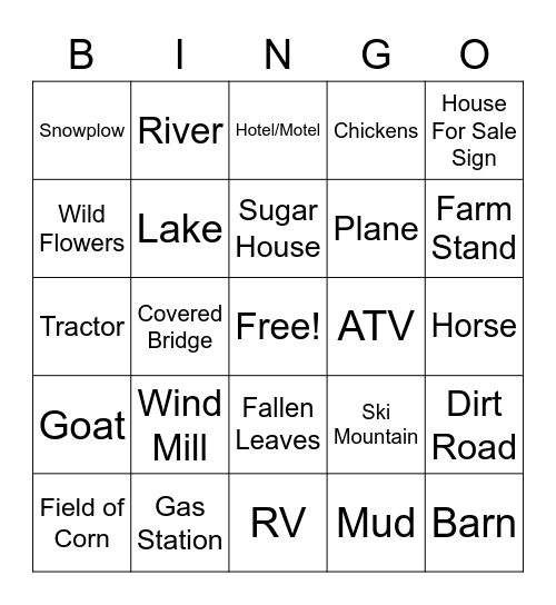 Vermont Road Trip Bingo Card