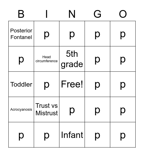 Pediatric Bingo 1 Bingo Card