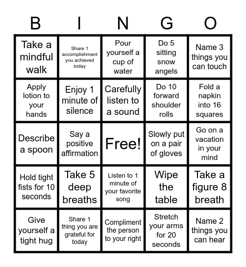 Mindful Bingo Card