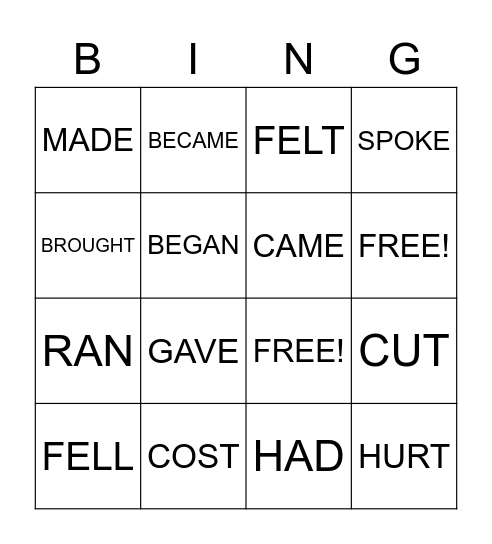 Irregular verbs bingo Card