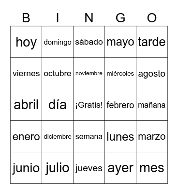 Los Días y Los Meses Bingo Card