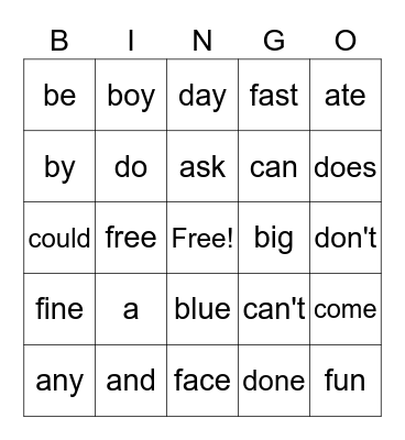Sight Words Bingo Card