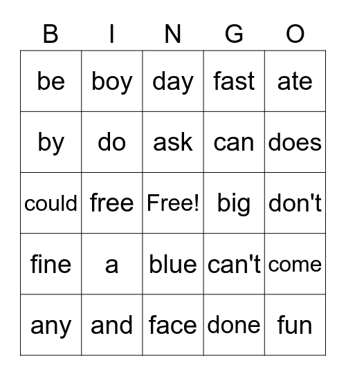 Sight Words Bingo Card