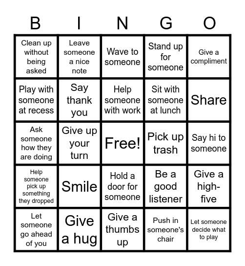 Kindness Bingo Card